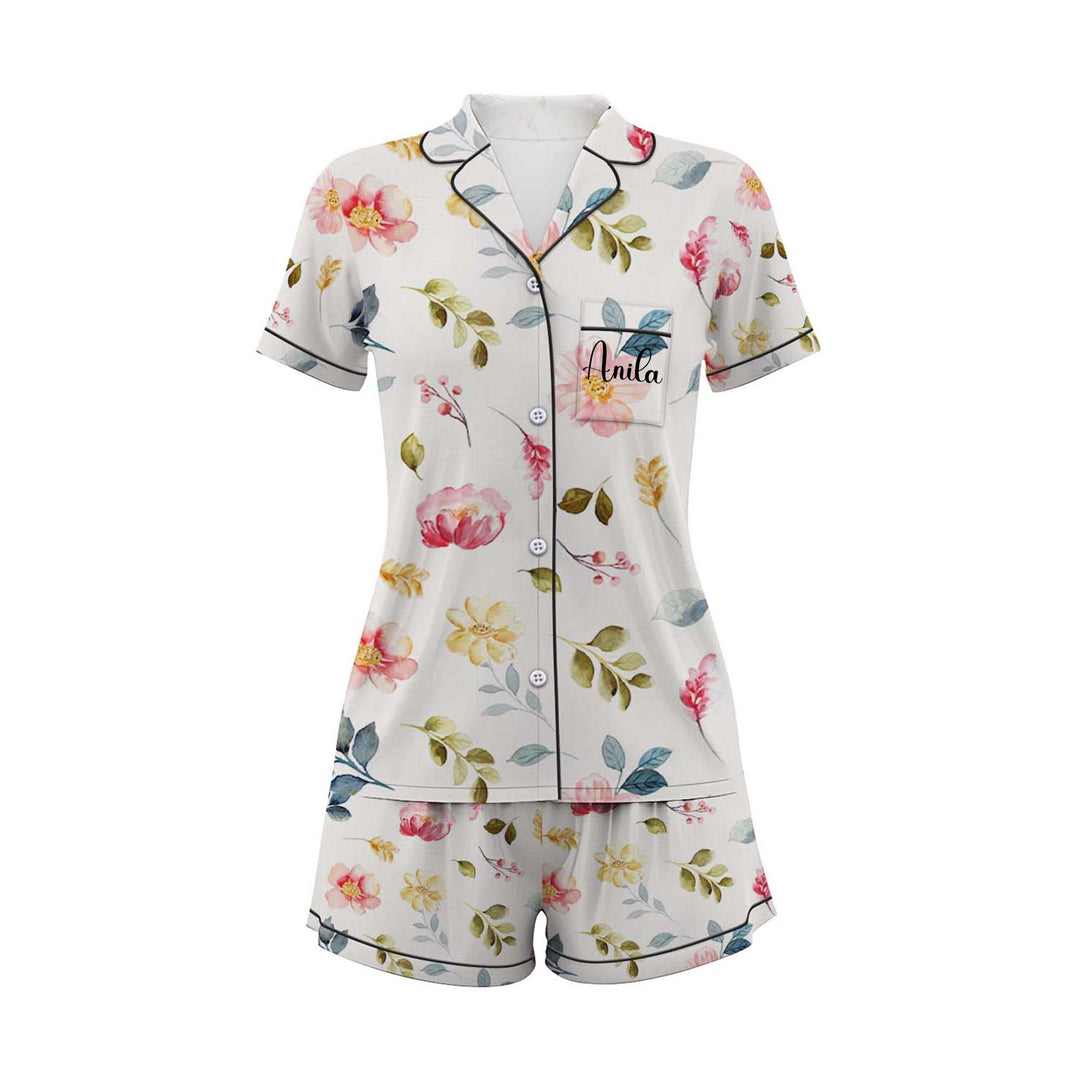 Personalize Text Floral Satin Shorts Pyjamas Set