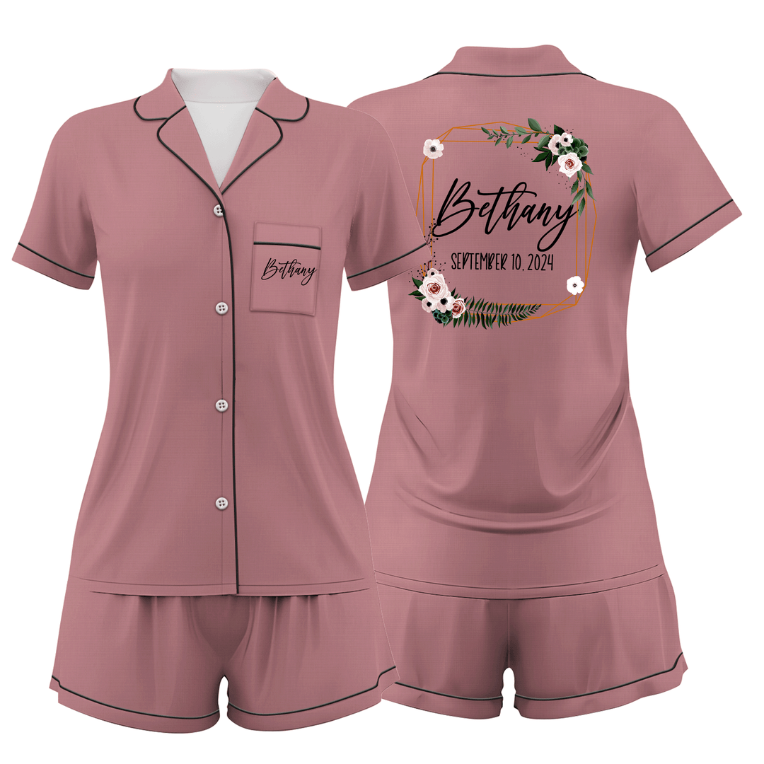 Custom Text Wedding Satin Short Pyjamas Set