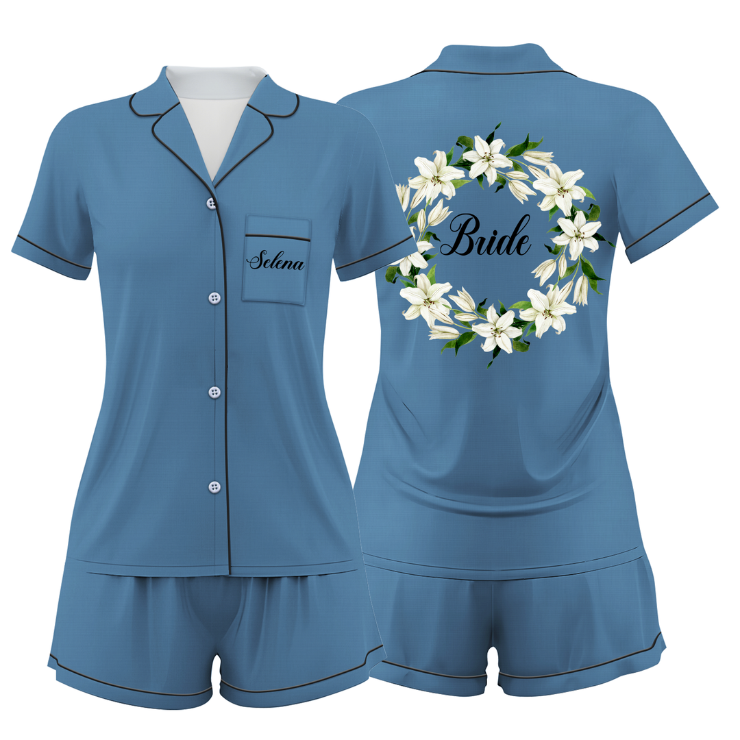 Custom Text Wedding Bride Bridesmaid Satin Short Pyjamas Set