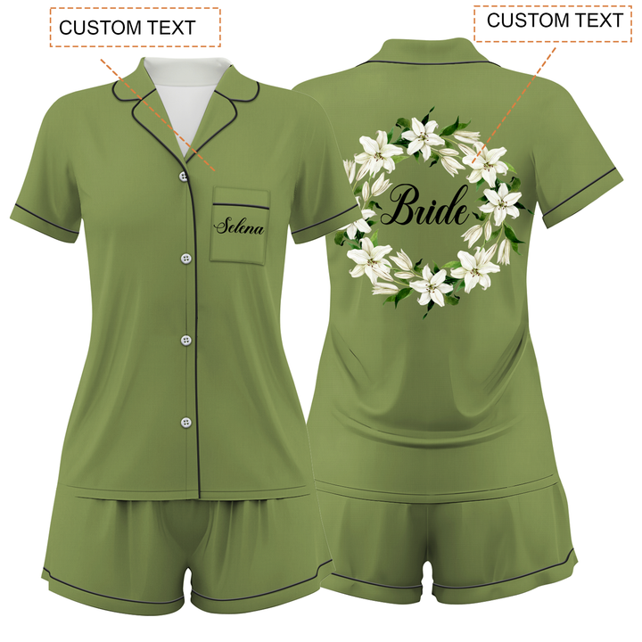 Custom Text Wedding Bride Bridesmaid Satin Short Pyjamas Set