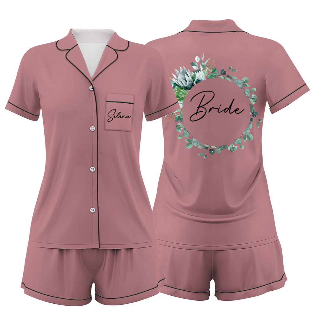 Custom Text Wedding Bride Bridesmaid  Satin Short Pyjamas Set