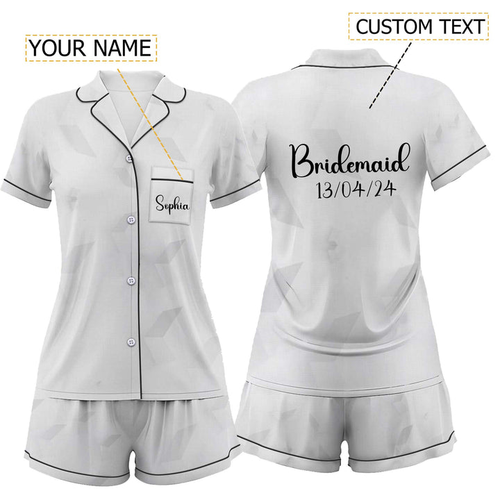 Personalize Text Wedding White Satin Shorts Pyjamas Set