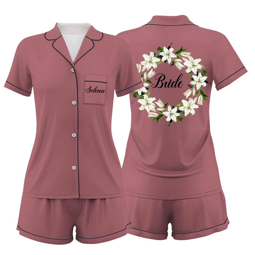 Custom Text Wedding Bride Bridesmaid Satin Short Pyjamas Set