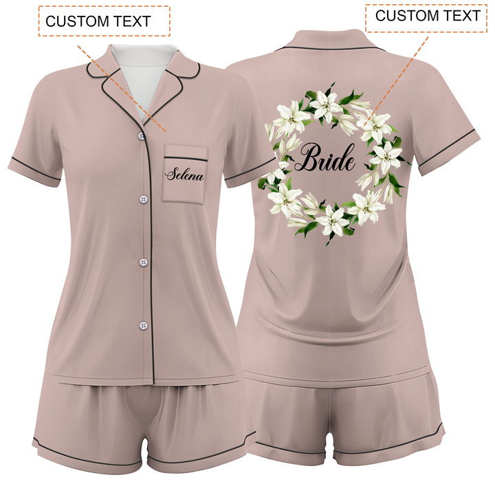 Custom Text Wedding Bride Bridesmaid Satin Short Pyjamas Set