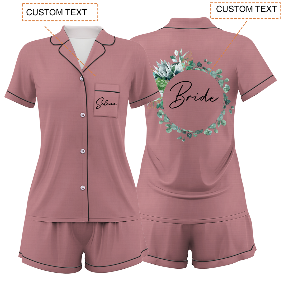 Custom Text Wedding Bride Bridesmaid  Satin Short Pyjamas Set