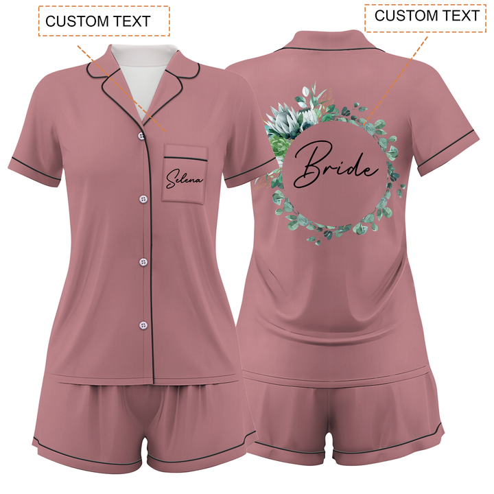 Custom Text Wedding Bride Bridesmaid  Satin Short Pyjamas Set