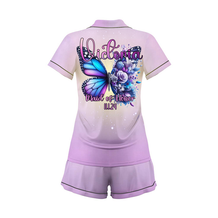 Custom Text Butterfly Satin Short Pyjamas Set