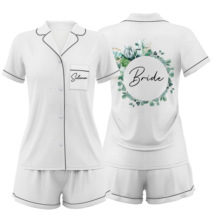 Custom Text Wedding Bride Bridesmaid  Satin Short Pyjamas Set