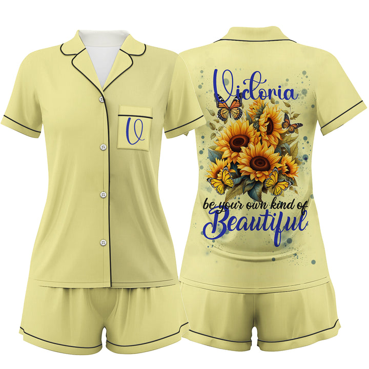 Custom Text Yellow Sunflower Women Short Pajamas