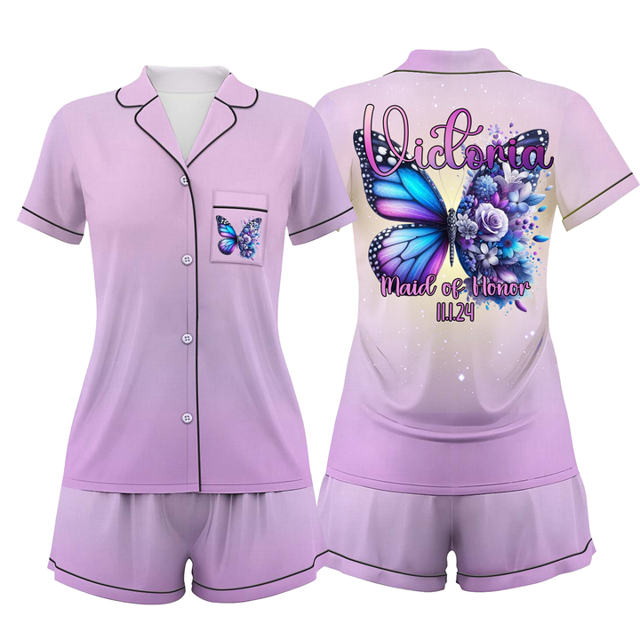 Custom Text Butterfly Satin Short Pyjamas Set