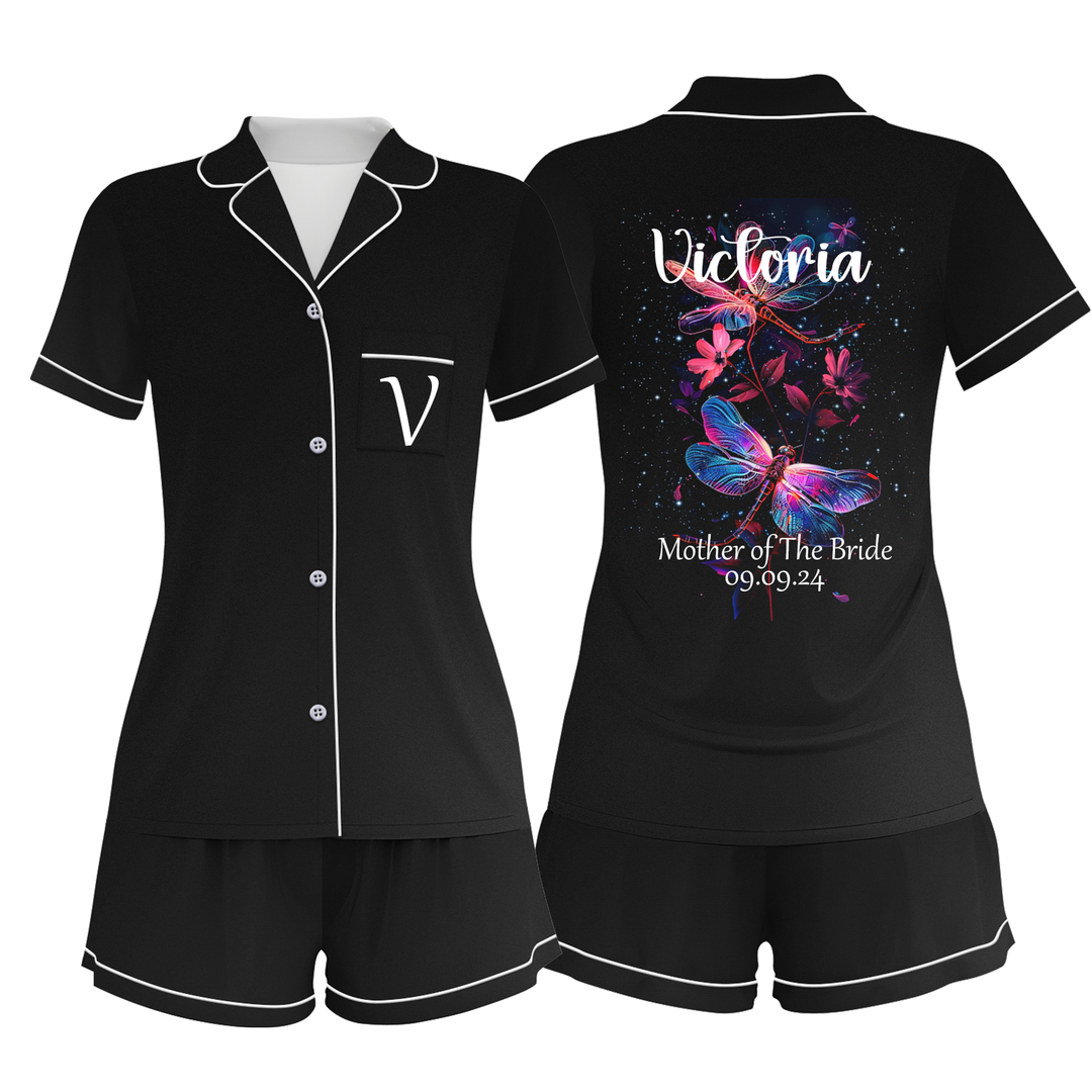 Custom Text Black Satin Women Short Pyjamas Set