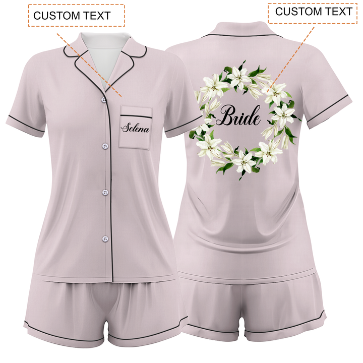 Custom Text Wedding Bride Bridesmaid Satin Short Pyjamas Set