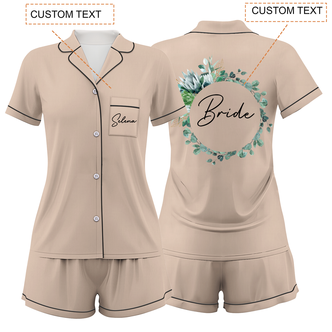 Custom Text Wedding Bride Bridesmaid  Satin Short Pyjamas Set