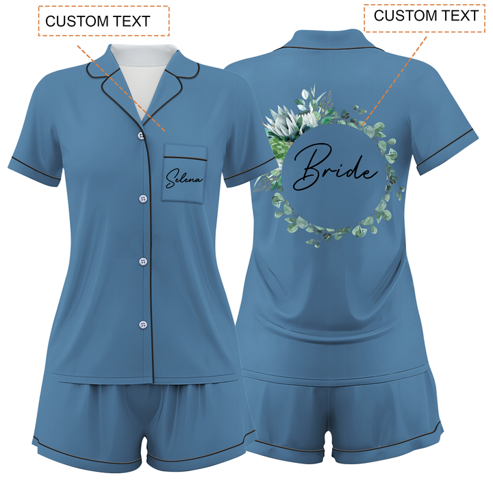 Custom Text Wedding Bride Bridesmaid  Satin Short Pyjamas Set