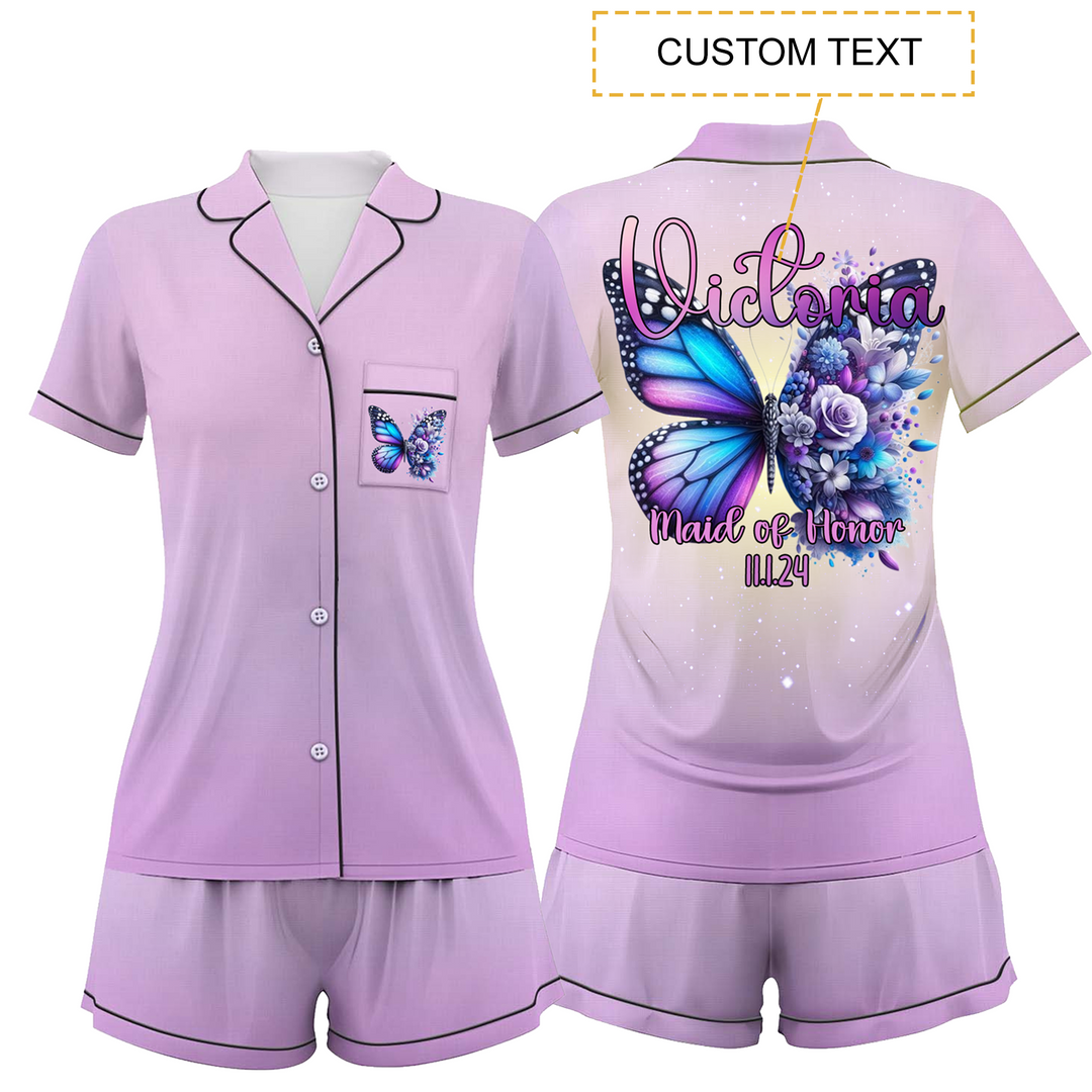 Custom Text Butterfly Satin Short Pyjamas Set