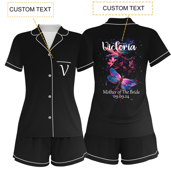 Custom Text Black Satin Women Short Pyjamas Set