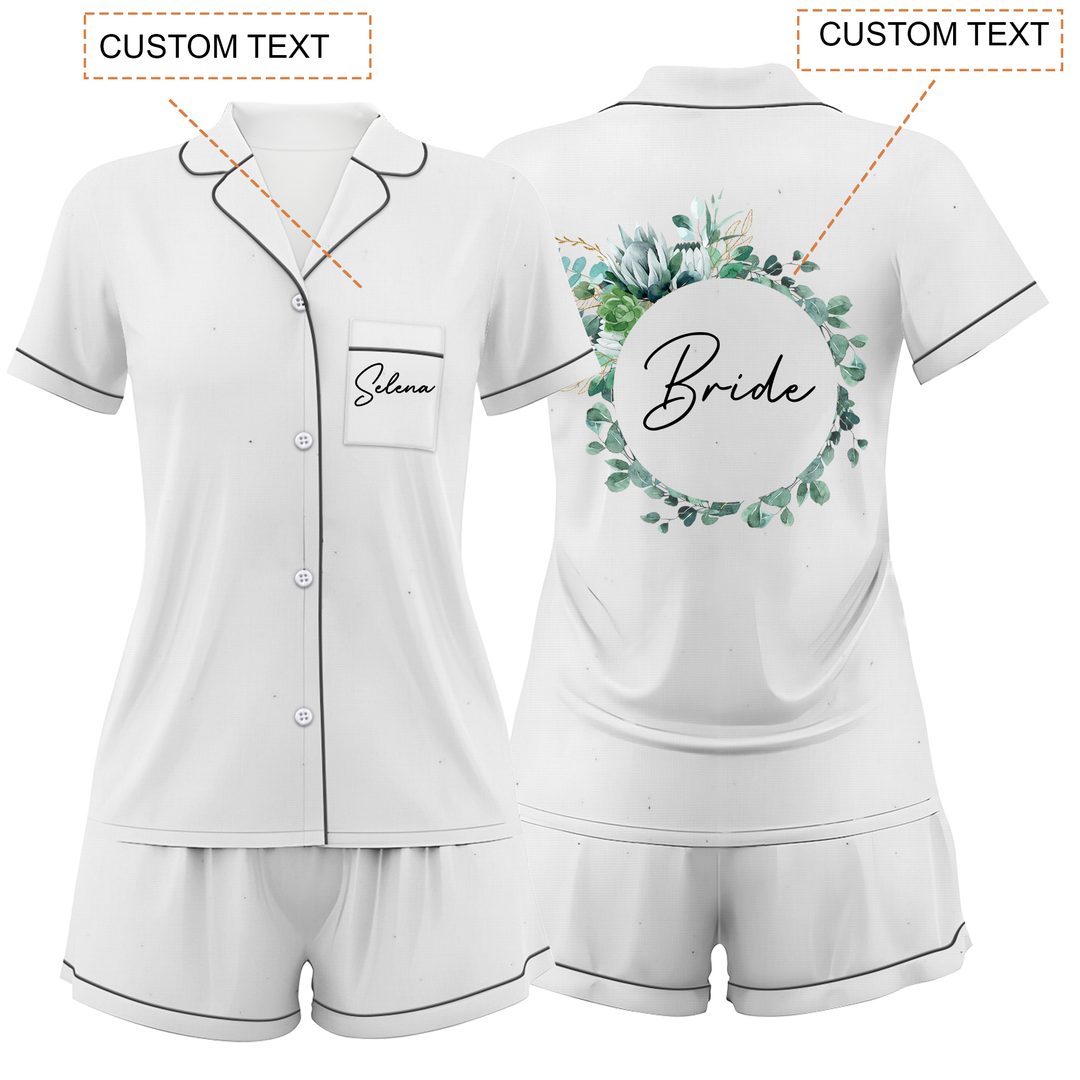 Custom Text Wedding Bride Bridesmaid  Satin Short Pyjamas Set