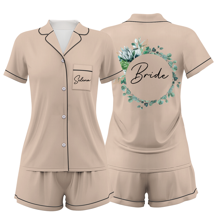 Custom Text Wedding Bride Bridesmaid  Satin Short Pyjamas Set