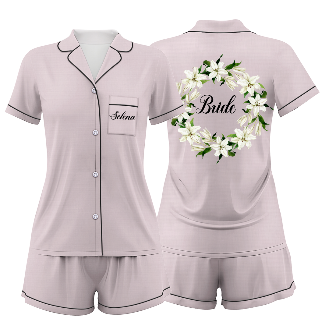 Custom Text Wedding Bride Bridesmaid Satin Short Pyjamas Set