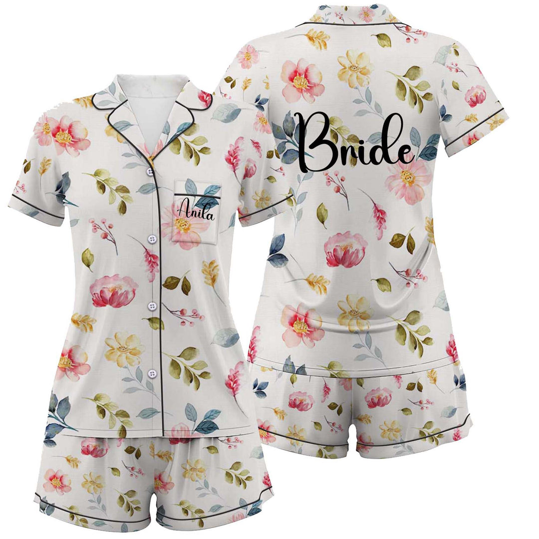 Personalize Text Floral Satin Shorts Pyjamas Set