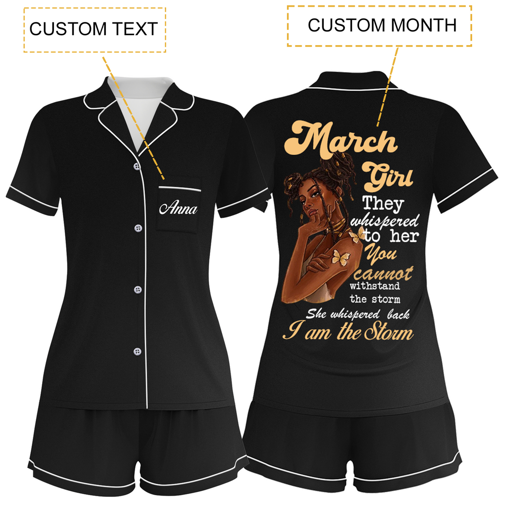 Personalize Name Birthday Month Black Women Short Pyjamas Sets