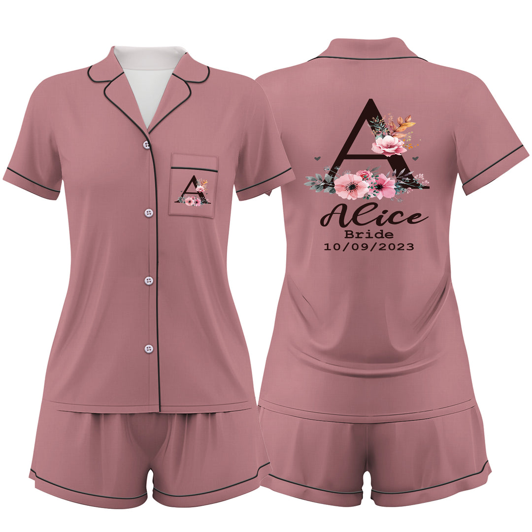 Custom Name Bride Bridesmaid Satin Short Pyjamas Set