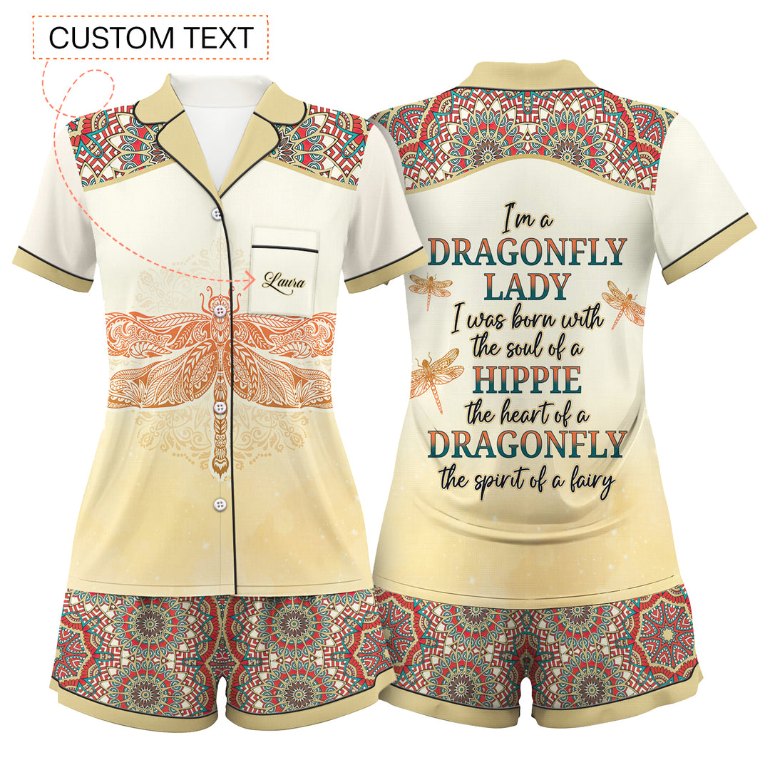 Custom Text Dragonfly Lady  Short Pajamas Set