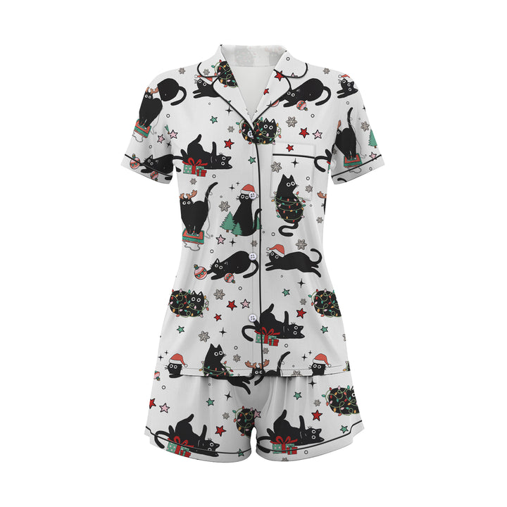 Black Cat Christmas Satin Short Pyjamas Set