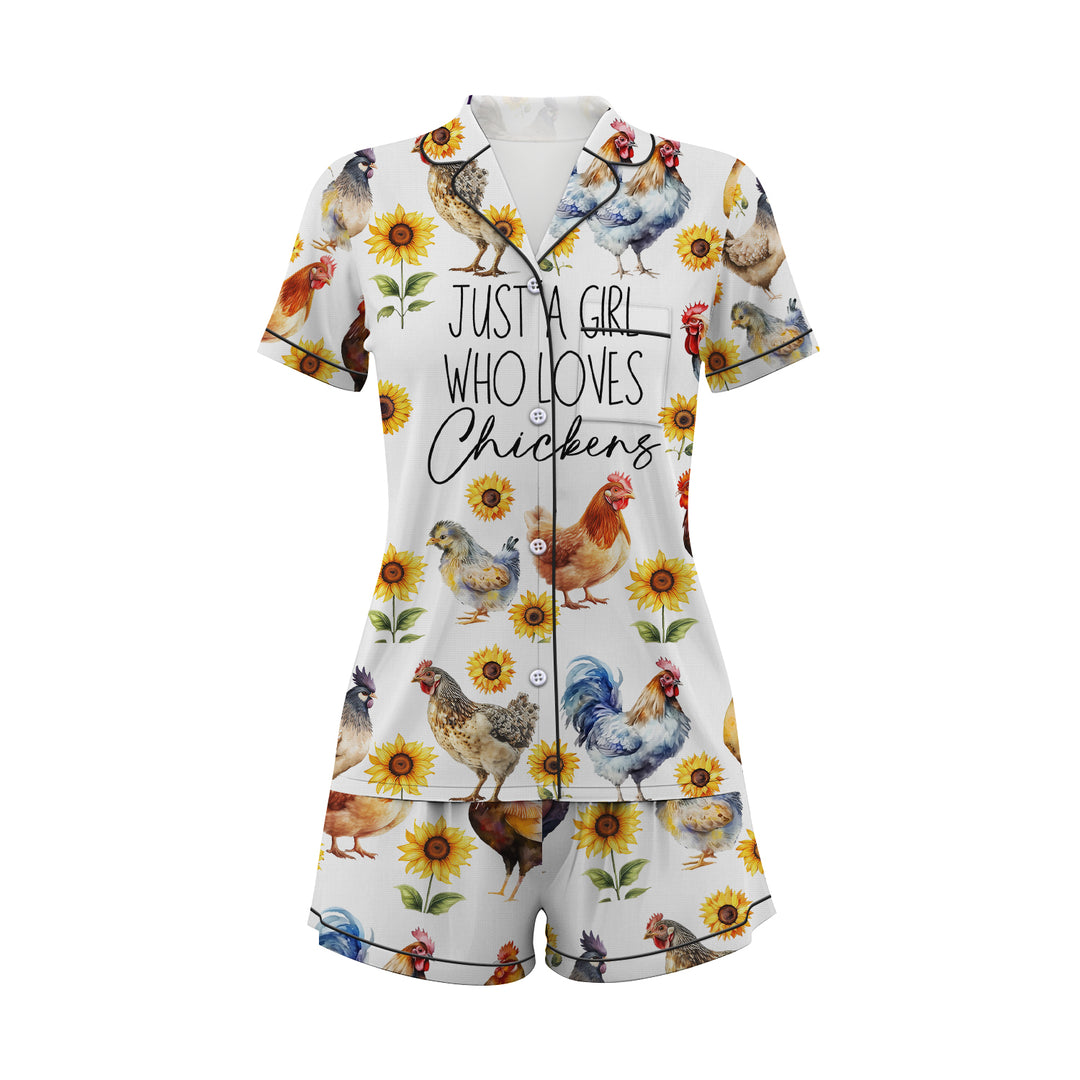 Chicken and Sun Flower Satin Short Pyjamas Set