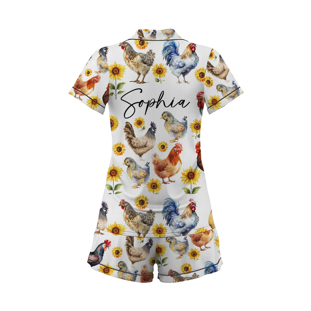 Chicken and Sun Flower Satin Short Pyjamas Set