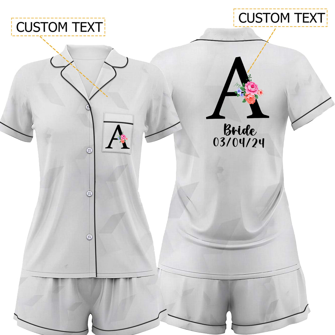 Custom Text Floral White Satin Pjs Short Pyjamas Set