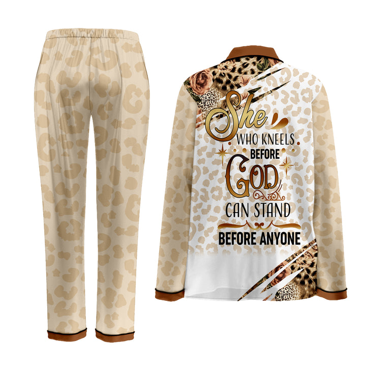 Custom Text  She Who Kneels Before God Can Stand Before Anyone Long Pajamas Set