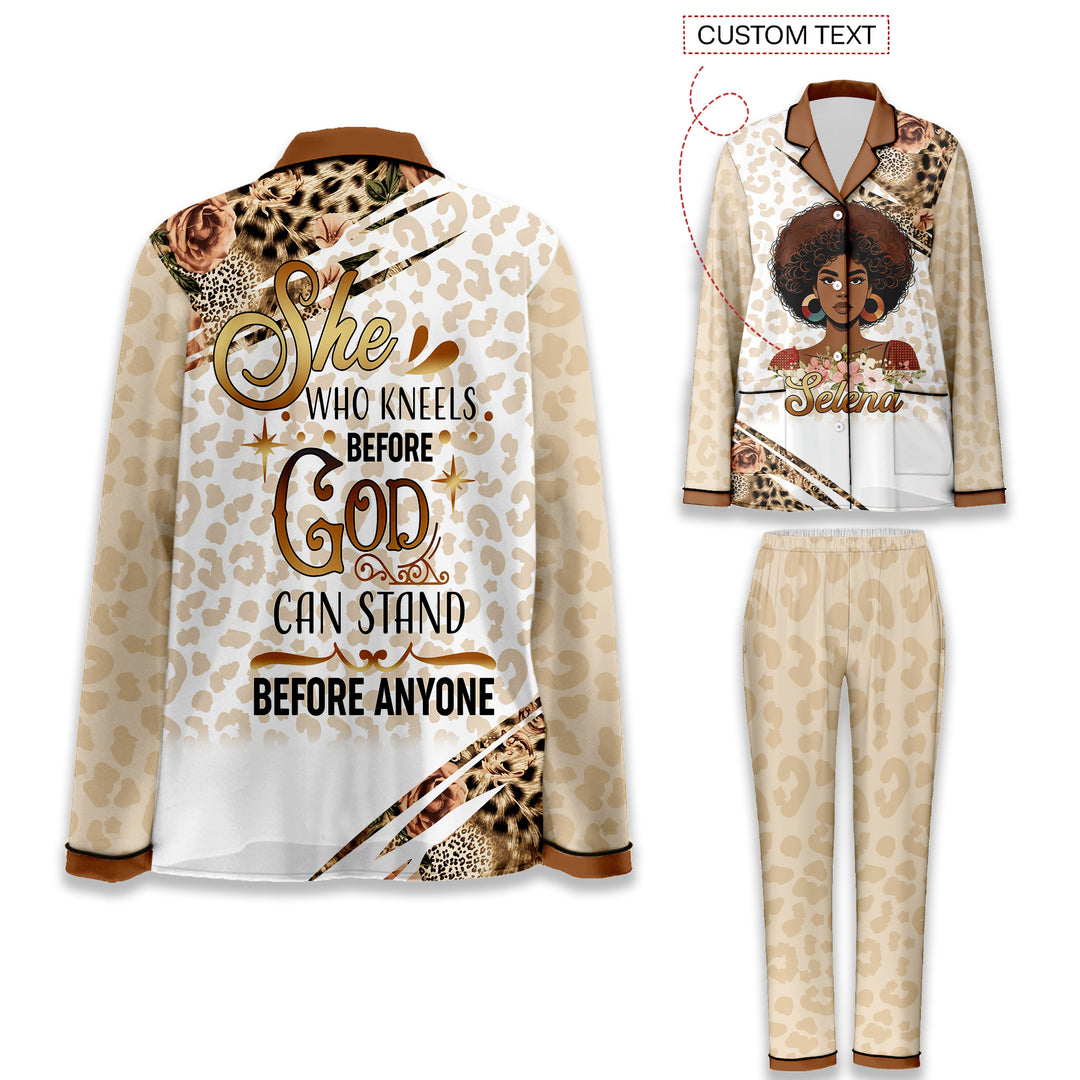 Custom Text  She Who Kneels Before God Can Stand Before Anyone Long Pajamas Set