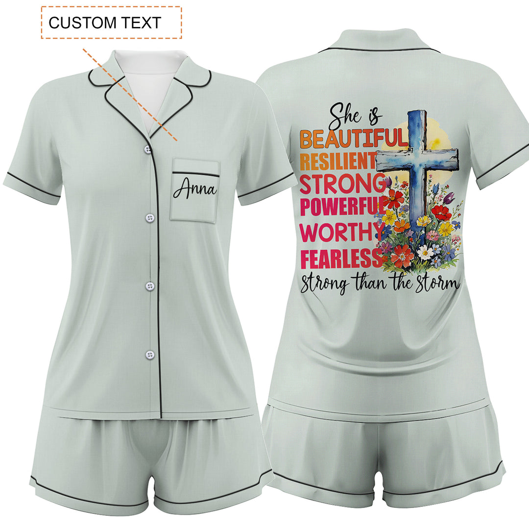 Custom Text White Blue Cross Flower Women Short Pajamas Set