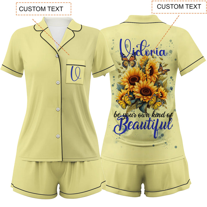 Custom Text Yellow Sunflower Women Short Pajamas