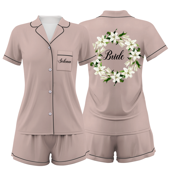 Custom Text Wedding Bride Bridesmaid Satin Short Pyjamas Set