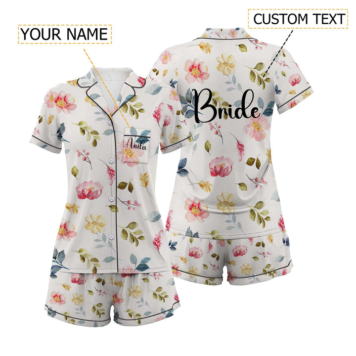 Personalize Text Floral Satin Shorts Pyjamas Set