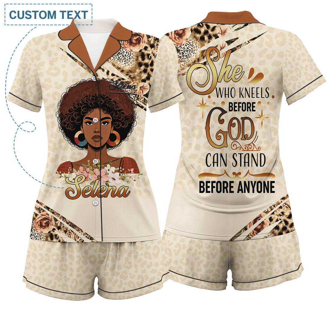 Custom Text She Who Kneels Before God Can Stand Before Anyone Short Pajamas Sets