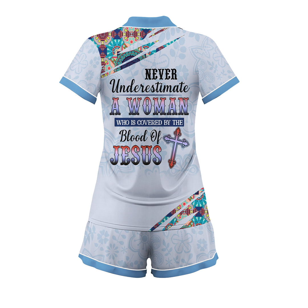 Custom Text Never Underestimate A Woman  Covered By The Blood Of Jesus Short Pajamas Sets