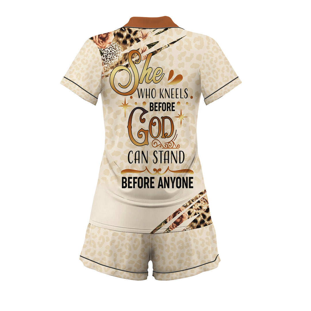 Custom Text She Who Kneels Before God Can Stand Before Anyone Short Pajamas Sets