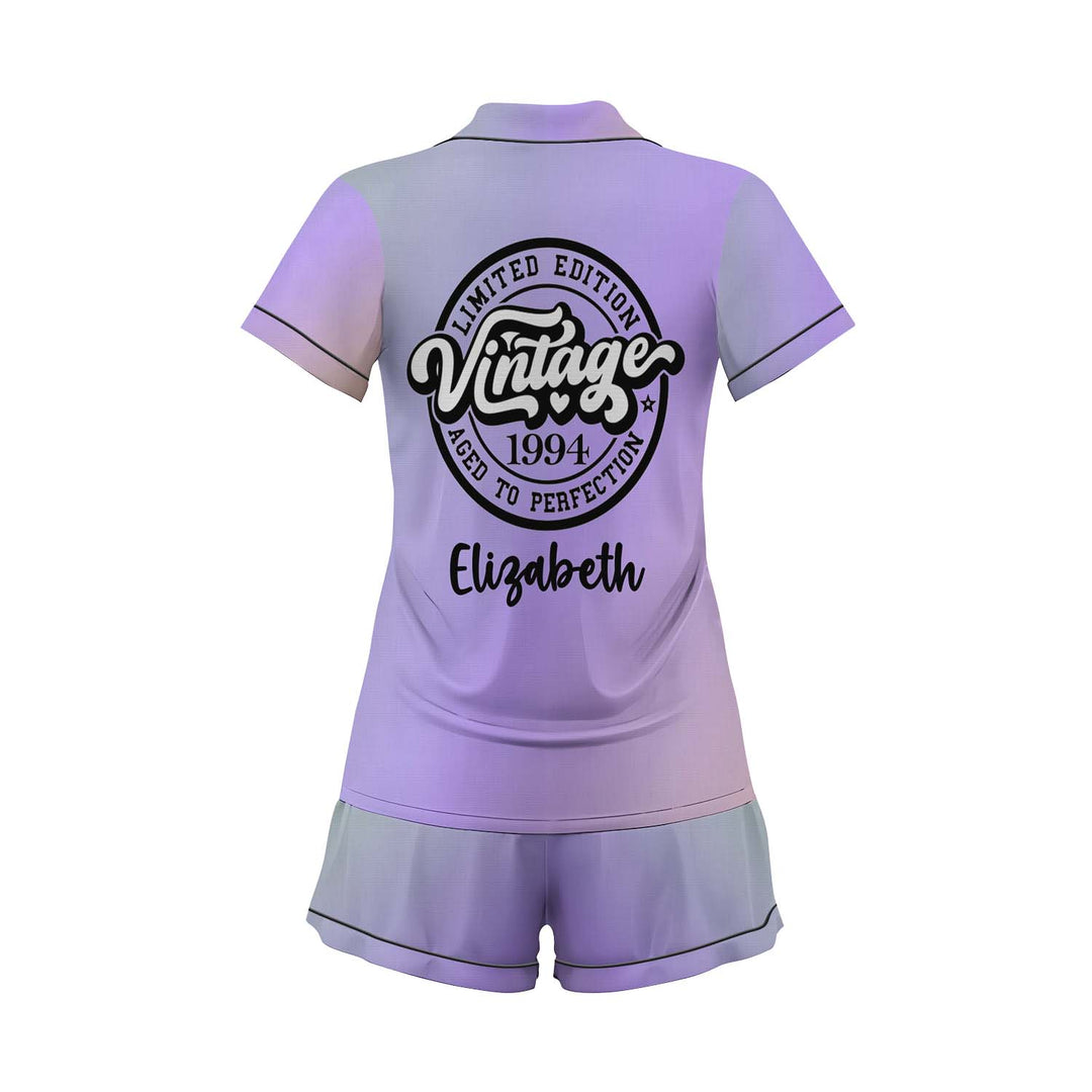 Personalize Name and Year Purple Plaid Satin Short Sets