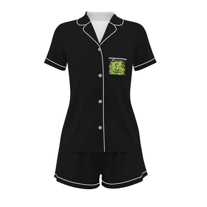 Custom Text Frog Black  Short Pajamas Set