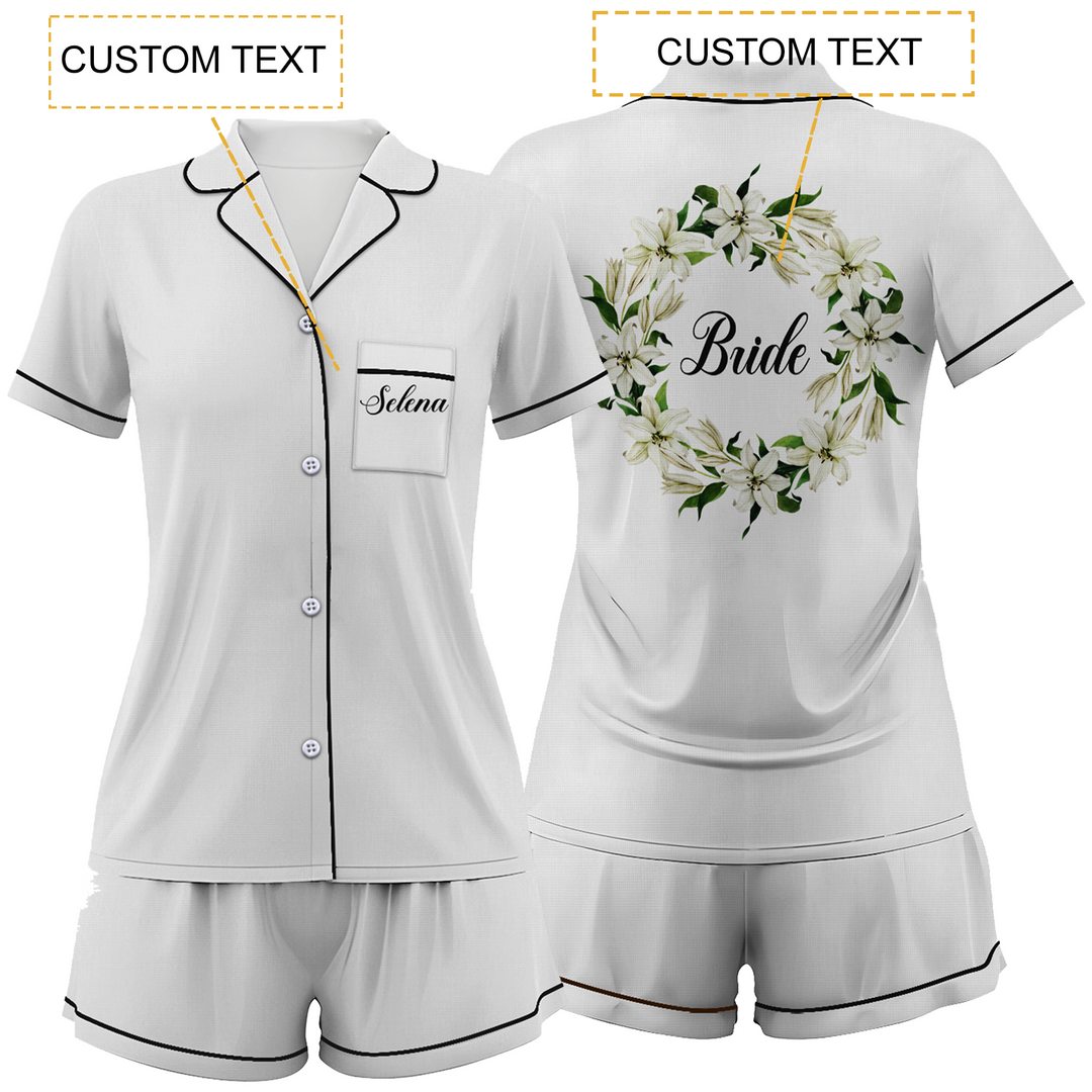 Custom Text Wedding Bride Bridesmaid Satin Short Pyjamas Set