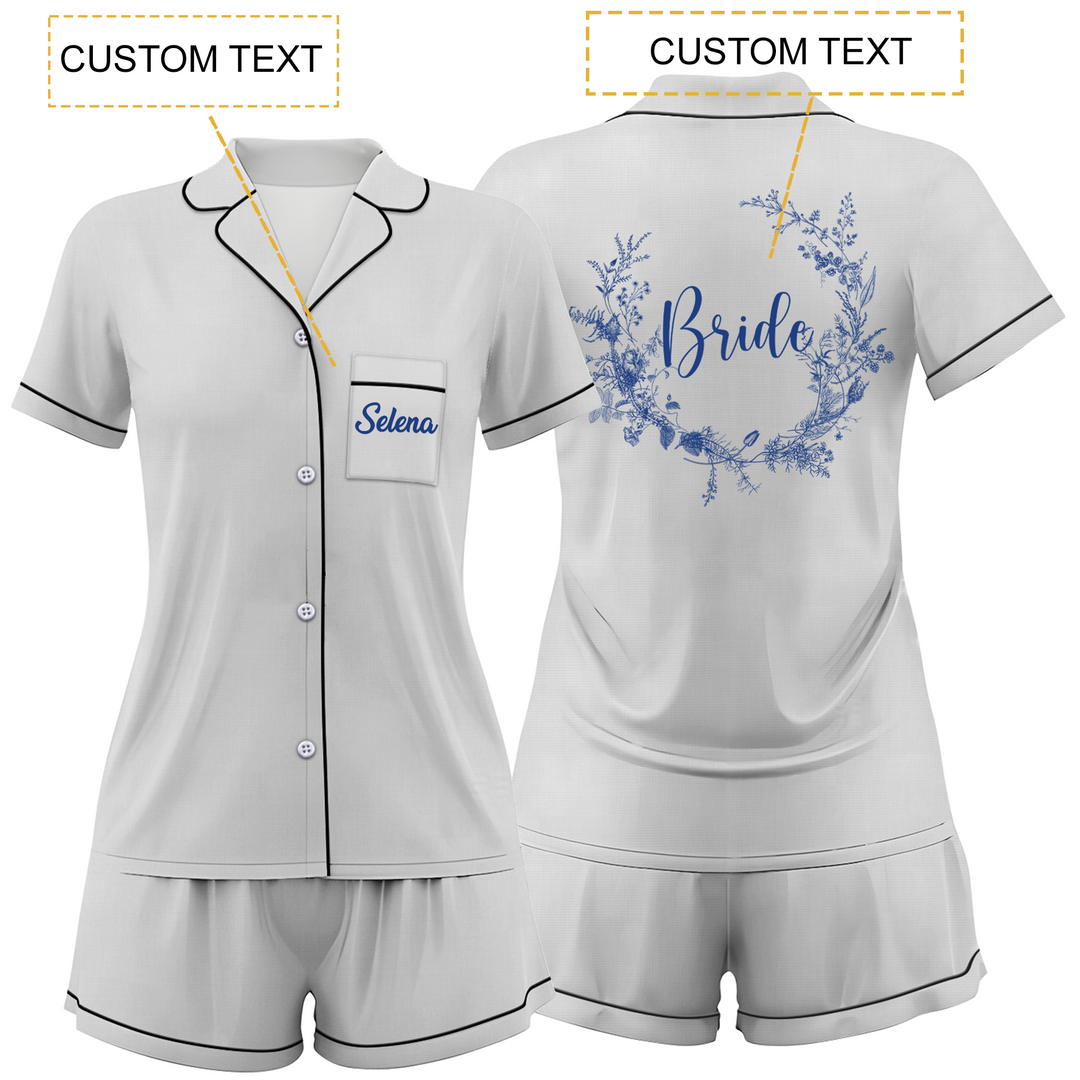 Custom Text Wedding Satin Short Pyjamas Set