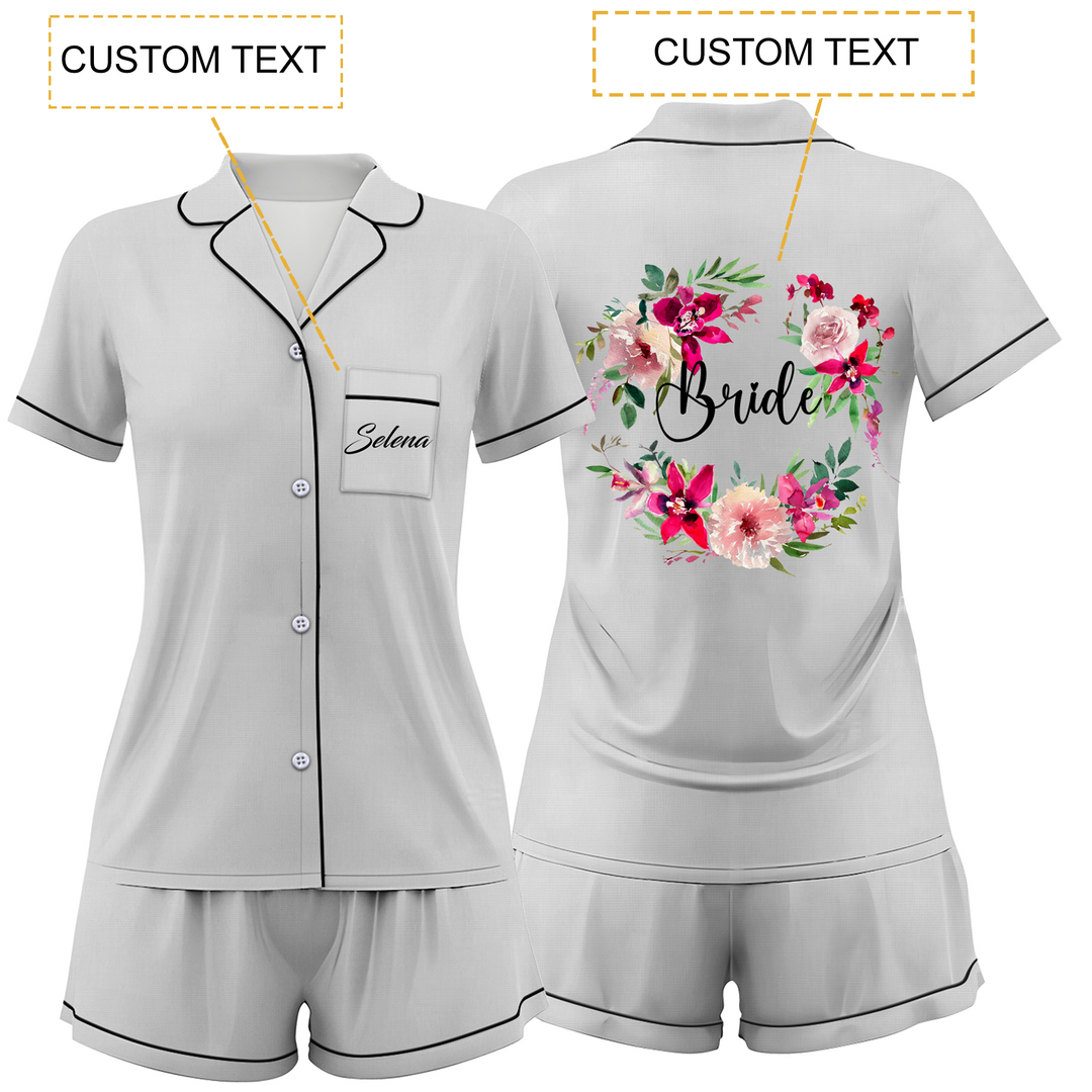 Custom Text Wedding Satin Short Pyjamas Set