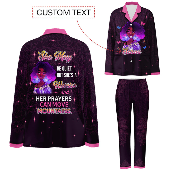 Custom Text She May Be Quiet, But She's  A Warrior and Her prayers can move move mountains Long Pajamas Set