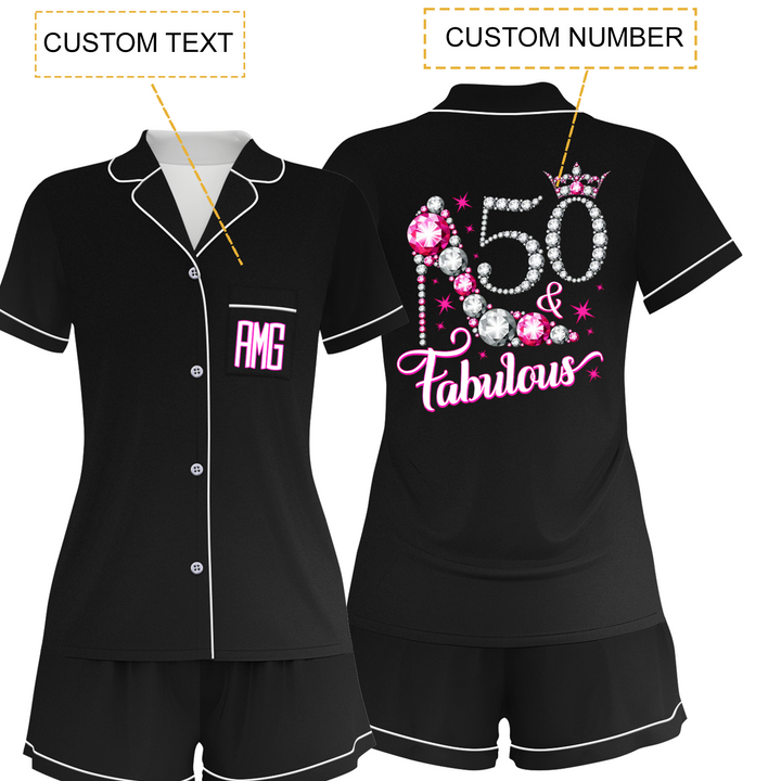 Custom Text Anniversary Birthday 50th 40th 30th Fabulous Satin Short Pyjamas Set