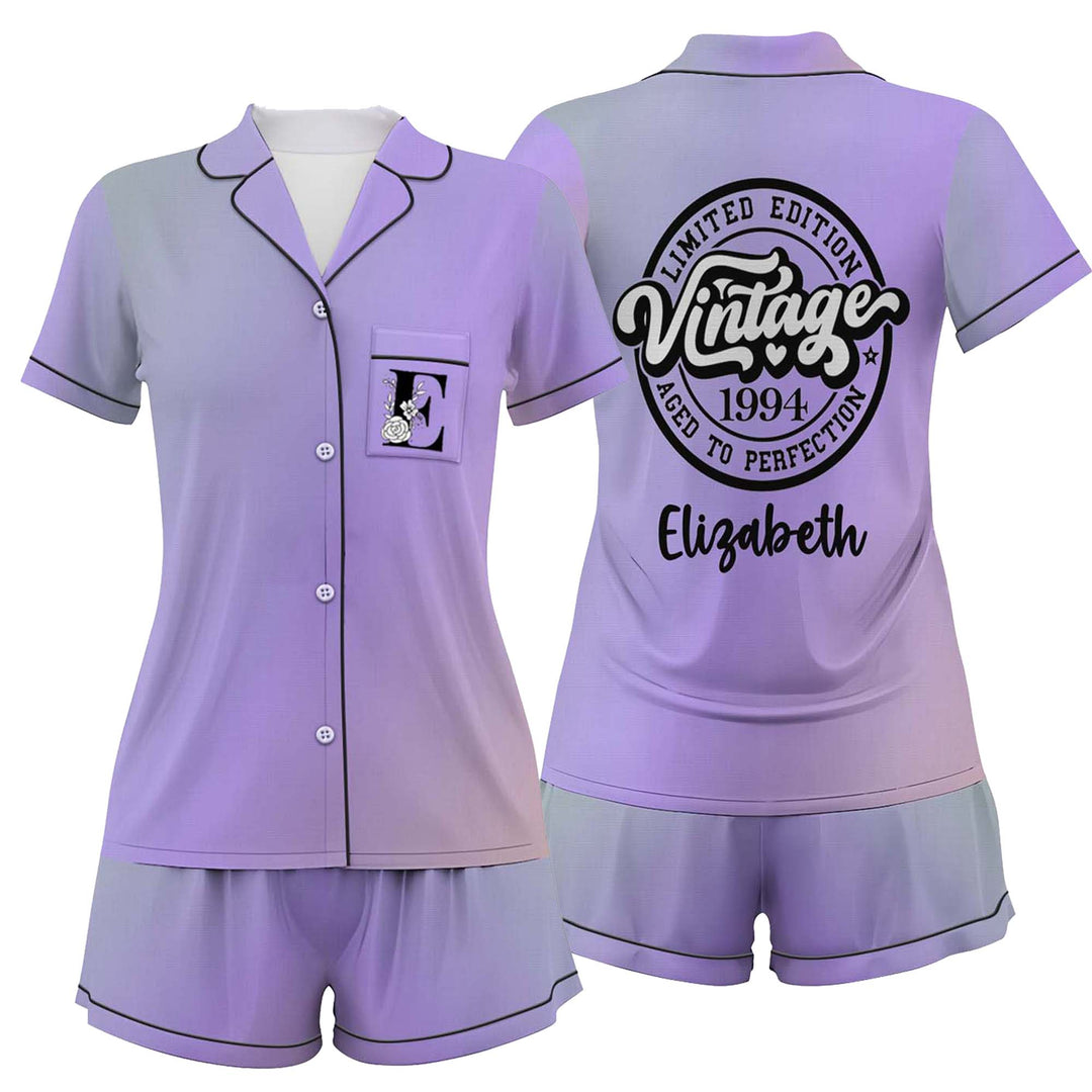 Personalize Name and Year Purple Plaid Satin Short Sets