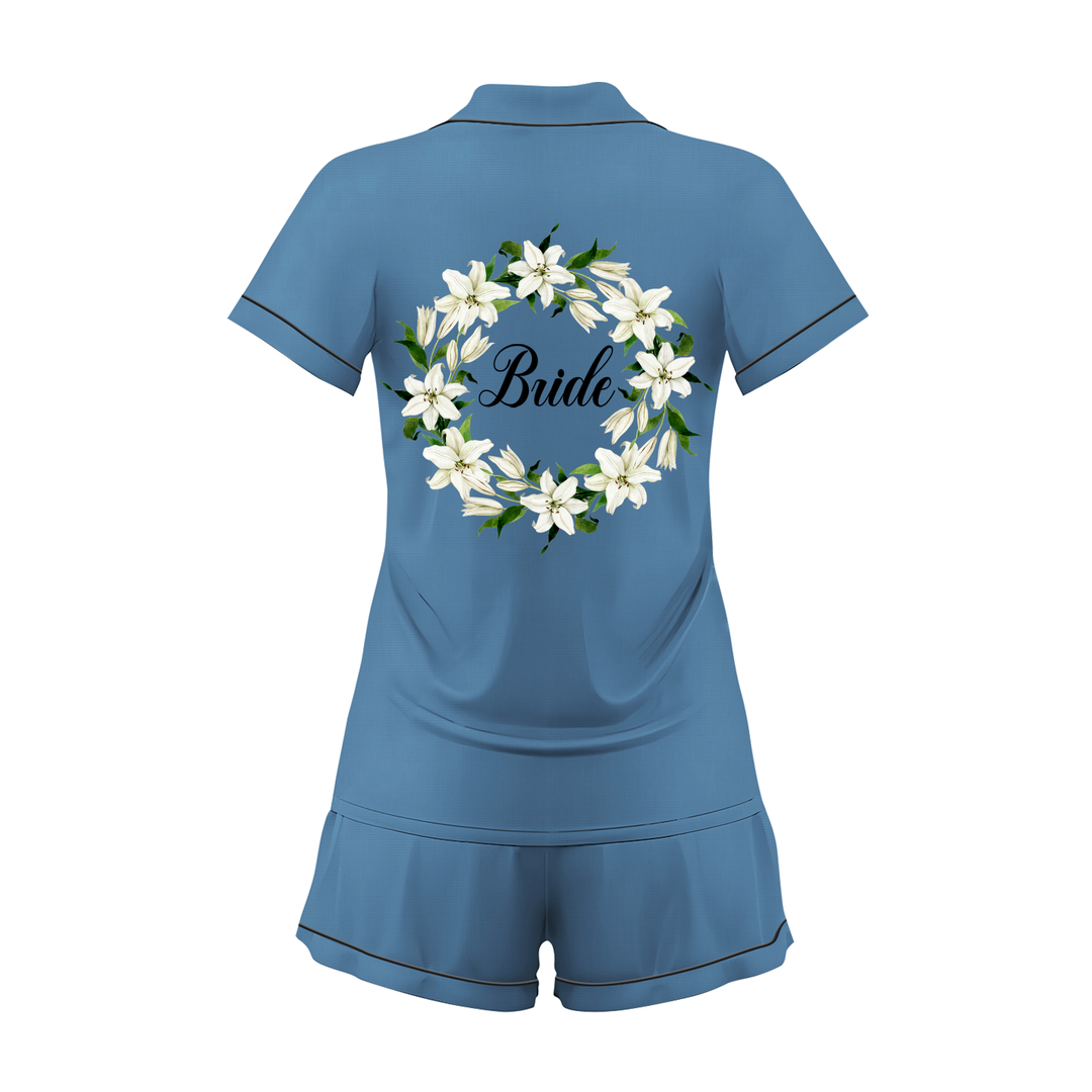 Custom Text Wedding Bride Bridesmaid Satin Short Pyjamas Set