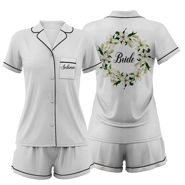 Custom Text Wedding Bride Bridesmaid Satin Short Pyjamas Set